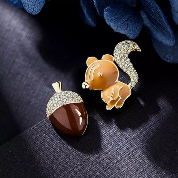 Acorn & Squirrel Enamel Crystal Mismatch Gold Stud Earrings - Picture 10 of 10